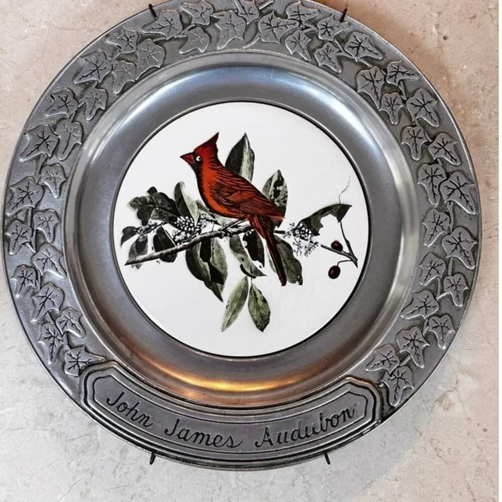 Vintage Wilton Armetale John James Audubon Cardinal Pewter Porcelain Plate RWP